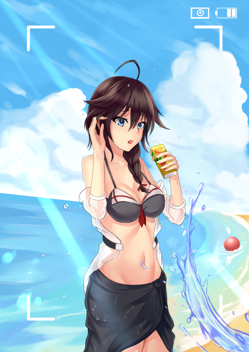 absurdres, ahoge, bendy_straw, blue_eyes, braid, breasts, brown_hair, cleavage