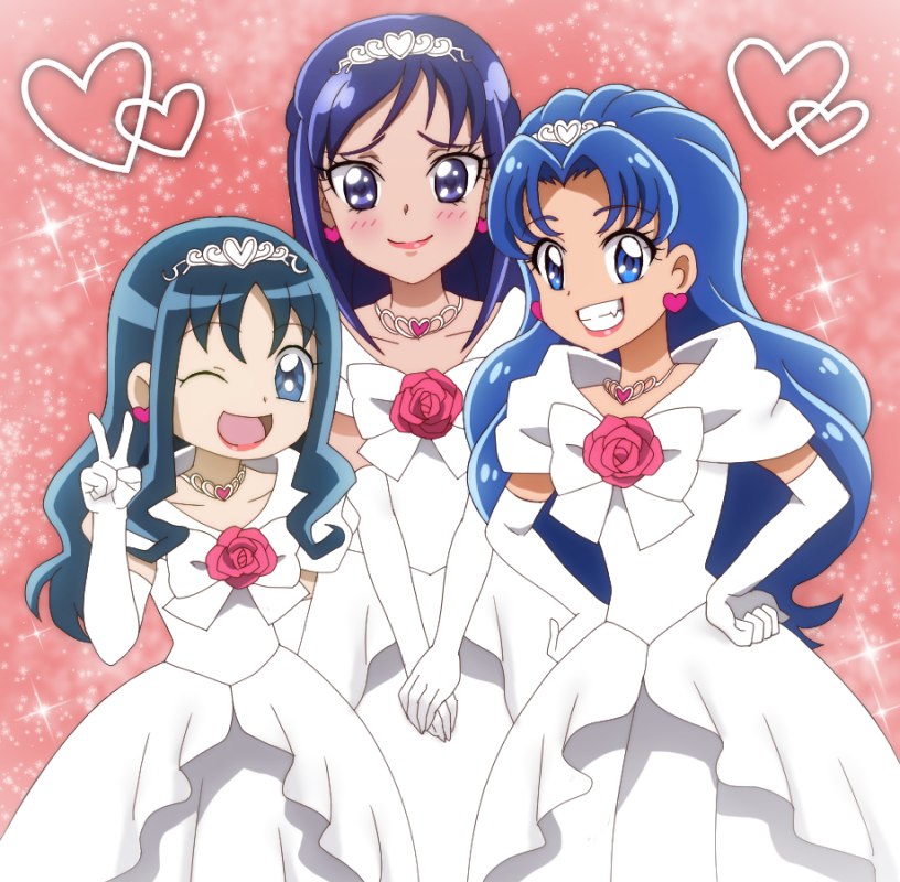 3girls, :d, blue_eyes, blue_hair, blush, commentary_request, dokidoki!_precure, dress, earrings, grin, hairband, hands_on_hips, heart, heart_earrings, heartcatch_precure!, hishikawa_rikka, jewelry, kirakira_precure_a_la_mode, kurumi_erika, lipsticks, long_hair, looking_at_viewer, multiple_girls, onomekaman, open_mouth, pink_background, precure, purple_hair, smile, tategami_aoi, v_arms, violet_eyes, wedding_dress