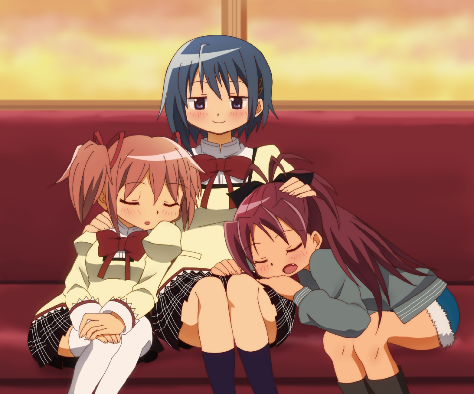 3girls, black_legwear, blue_eyes, blue_hair, blush, boots, cutoffs, fang