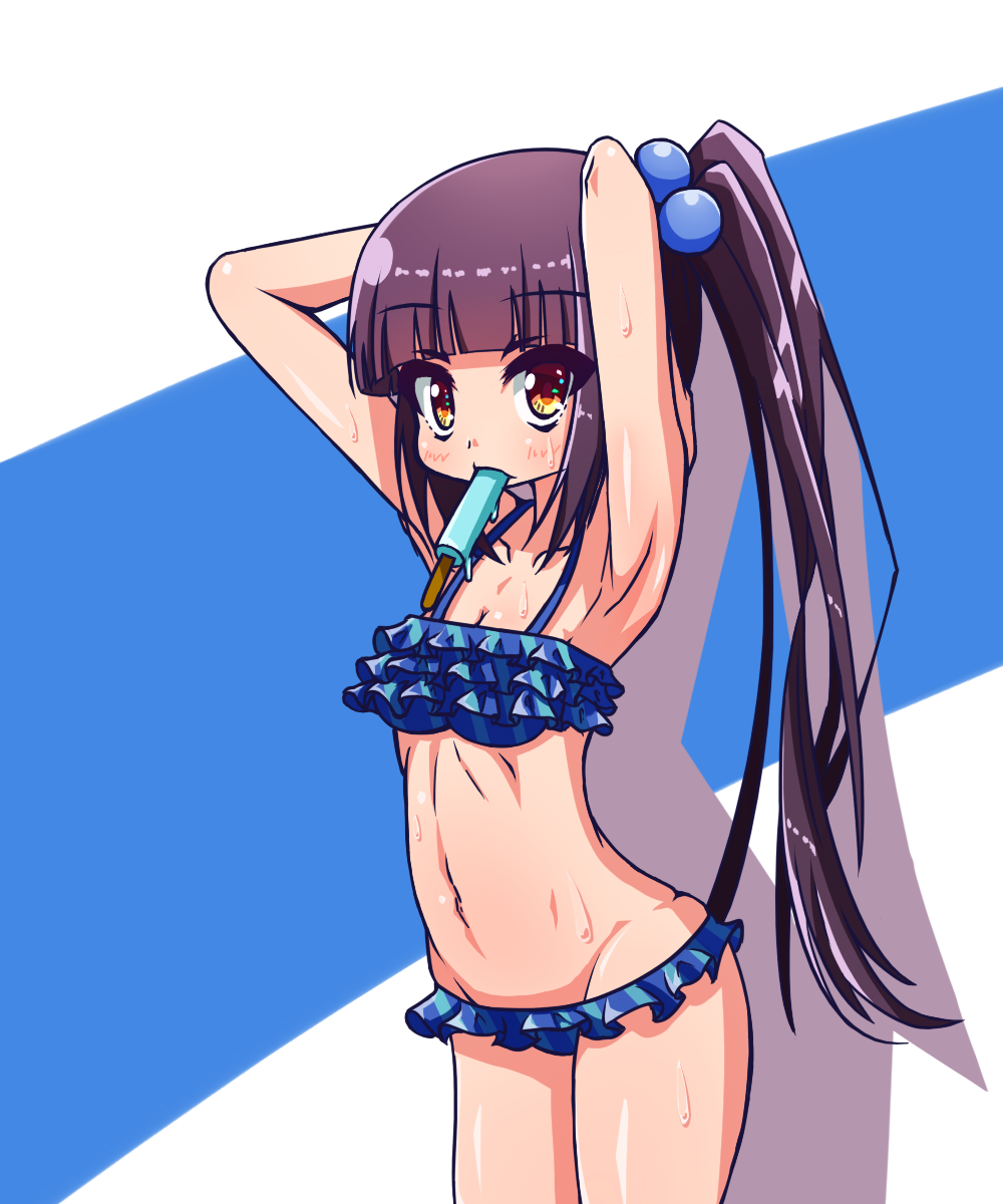 1girl, armpits, arms_behind_head, bangs, bikini, black_hair, blue_bikini, blunt_bangs, blush, breasts, food, food_in_mouth, frilled_bikini, frills, groin, hair_bobbles, hair_ornament, highres, hinako_note, long_hair, looking_at_viewer, nakajima_yua, nanarokushiki, navel, popsicle, side_ponytail, small_breasts, solo, swimsuit, very_long_hair, wet, yellow_eyes