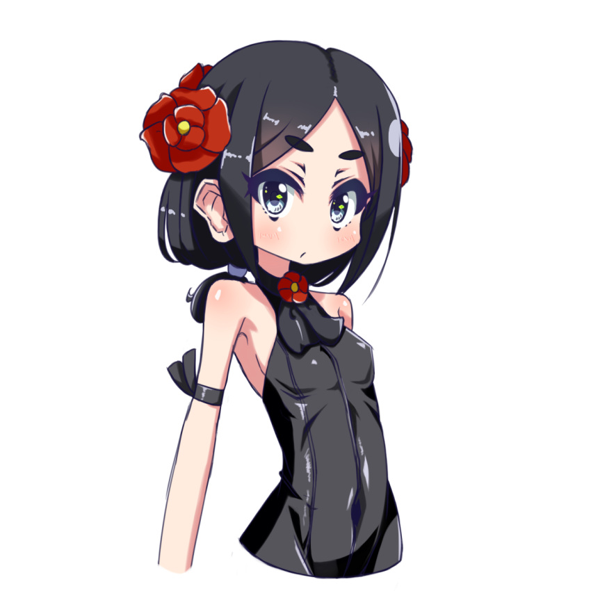1girl, armband, bare_shoulders, black_hair, blush, bodysuit, breasts, covered_navel