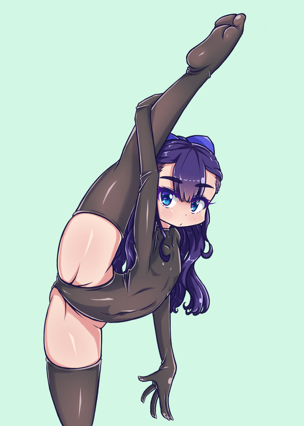1girl, aqua_background, arched_back, black_legwear, blush, bodysuit, bow, contortion