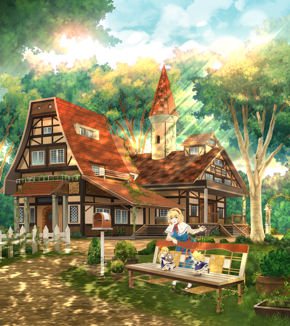 alice_margatroid, arkatopia, arm_support, bench, blonde_hair, blue_eyes, capelet, clouds
