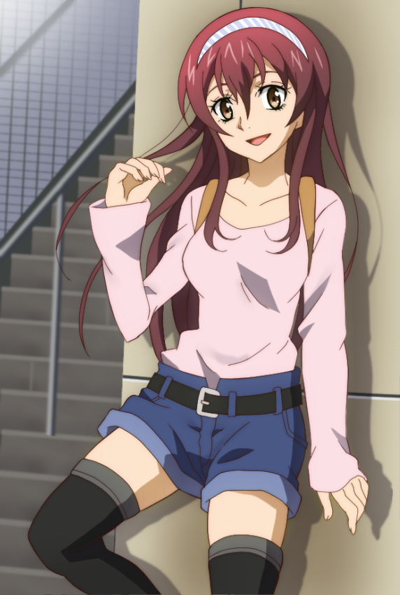 1girl, :d, against_wall, anime_coloring, belt, black_legwear, brown_eyes, fukami_mari