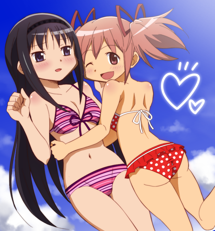 2girls, :d, akemi_homura, ass, bikini, black_hair, breasts, cleavage, clouds, from_behind, hairband, heart, kaname_madoka, long_hair, mahou_shoujo_madoka_magica, multiple_girls, navel, one_eye_closed, onomekaman, open_mouth, pink_eyes, pink_hair, polka_dot, polka_dot_bikini, red_bikini, short_twintails, small_breasts, smile, striped, striped_bikini, swimsuit, twintails, violet_eyes