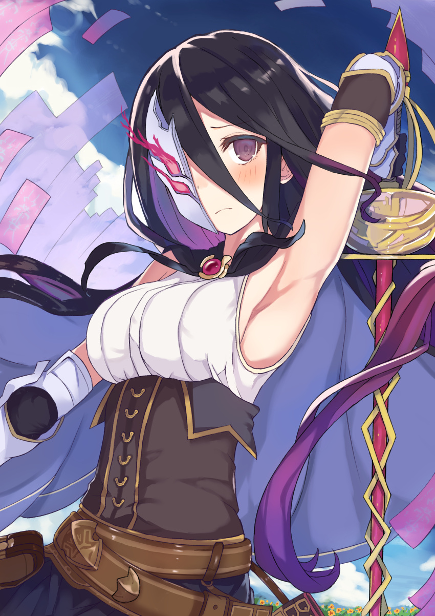 1girl, absurdres, armpits, belt, black_hair, blush, blush_stickers, cape