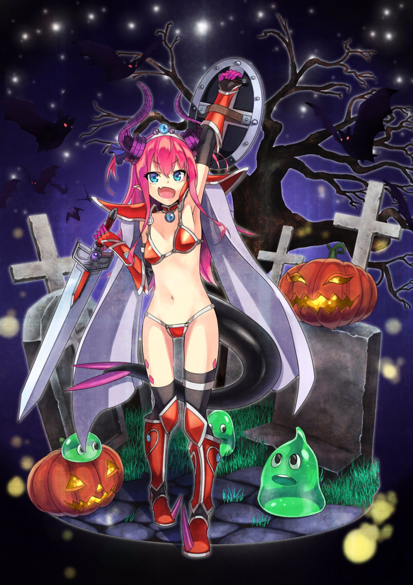 1girl, :d, akamiso_(k074510), arm_up, armor, armpits, bat, bikini_armor