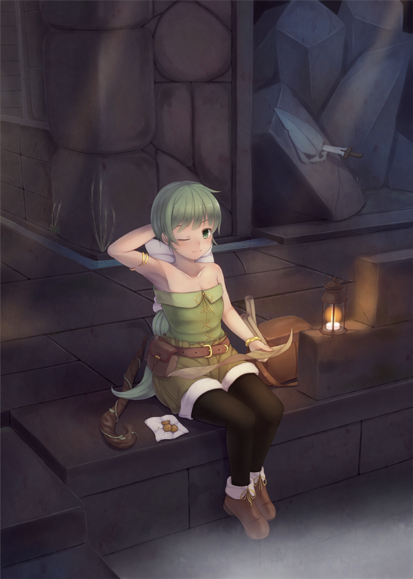 1girl, bare_shoulders, blonde_hair, braid, breasts, green_eyes, green_hair, long_hair