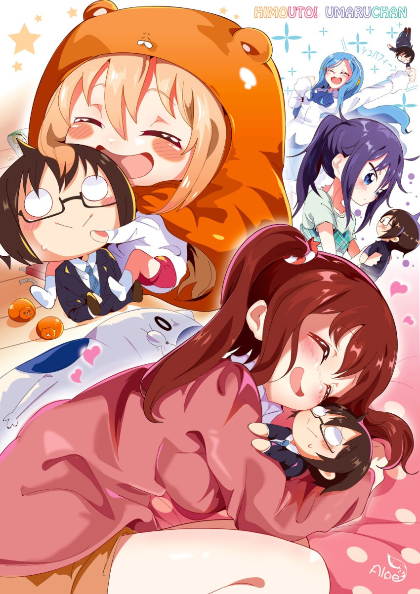 1boy, 4girls, black_hair, blonde_hair, blue_hair, brown_hair, chibi, doma_taihei