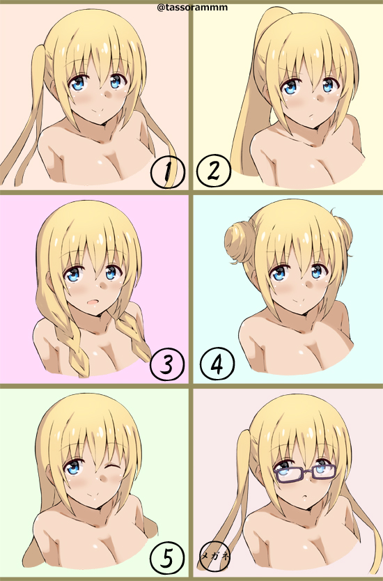 1girl, :c, ;), alternate_hairstyle, bangs, bespectacled, blend_s, blonde_hair