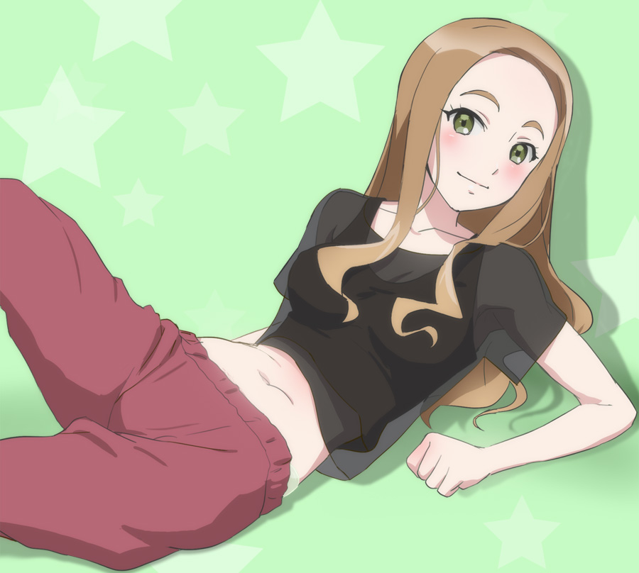 1girl, blush, breasts, brown_hair, closed_mouth, eyebrows, green_background, green_eyes, haruyama_kazunori, kikuma_kaya, long_hair, looking_at_viewer, medium_breasts, midriff, navel, short_sleeves, smile, solo, star, starry_background, transparent_sleeves, wake_up_girls!
