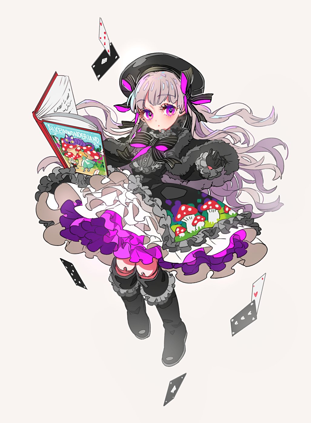 1girl, ace_of_clubs, ace_of_diamonds, ace_of_hearts, alice_in_wonderland, bangs, beret, black_capelet