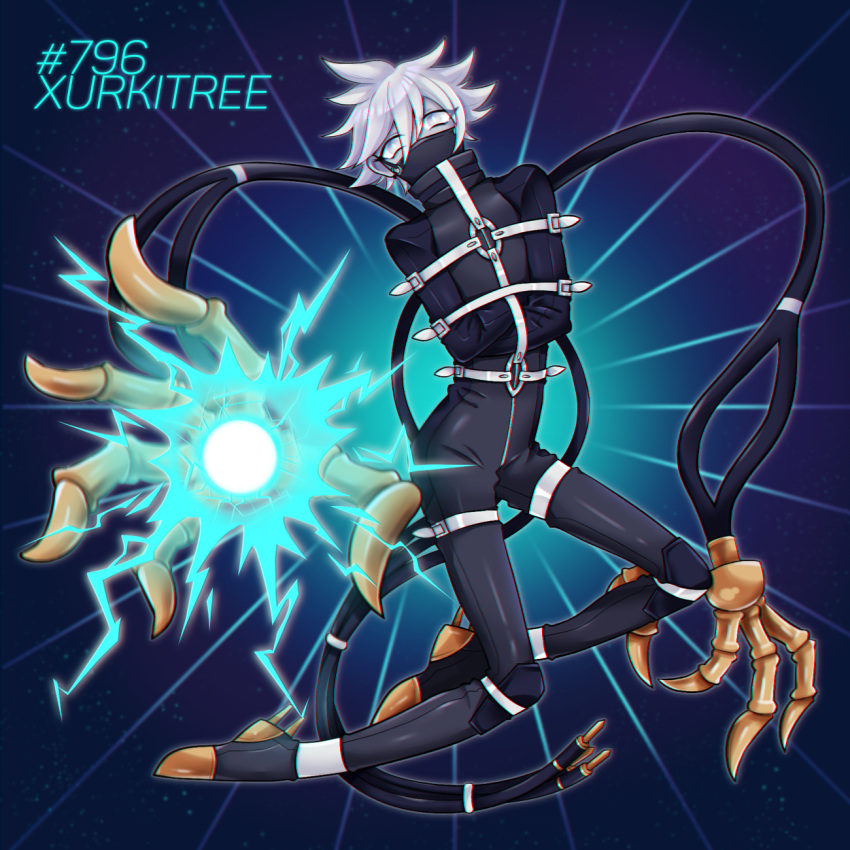 androgynous, black_legwear, bodysuit, bound, character_name, covered_mouth, electricity, full_body, greenriverknight, grey_eyes, grey_hair, highres, leg_belt, pale_skin, personification, pokemon, short_hair, solo, xurkitree