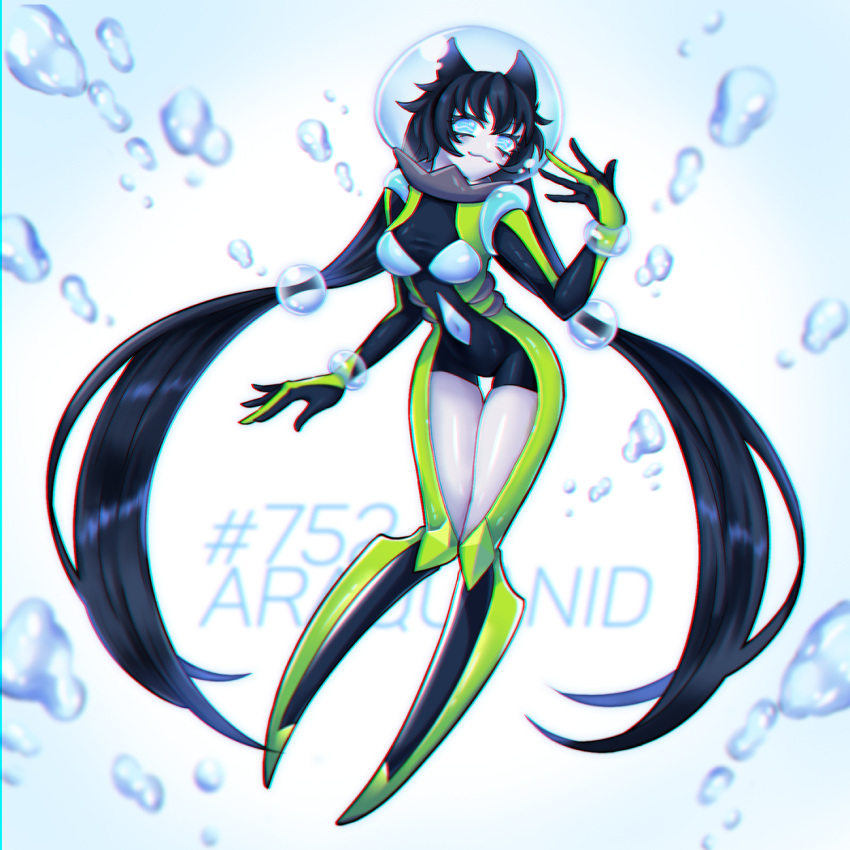 absurdly_long_hair, air_bubble, araquanid, blue_eyes, bubble, character_name, full_body, greenriverknight