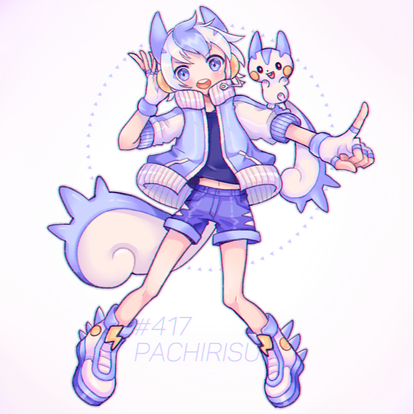 :o, androgynous, animal, animal_on_shoulder, blue_eyes, blue_hair, blue_shirt, blue_shorts, character_name, fingerless_gloves, gloves, greenriverknight, headphones, headset, highres, index_finger_raised, jacket, multicolored_hair, navel, pachirisu, personification, pokemon, pokemon_(creature), shirt, shoes, shorts, sneakers, squirrel_tail, standing, tail, two-tone_hair, white_gloves, white_hair