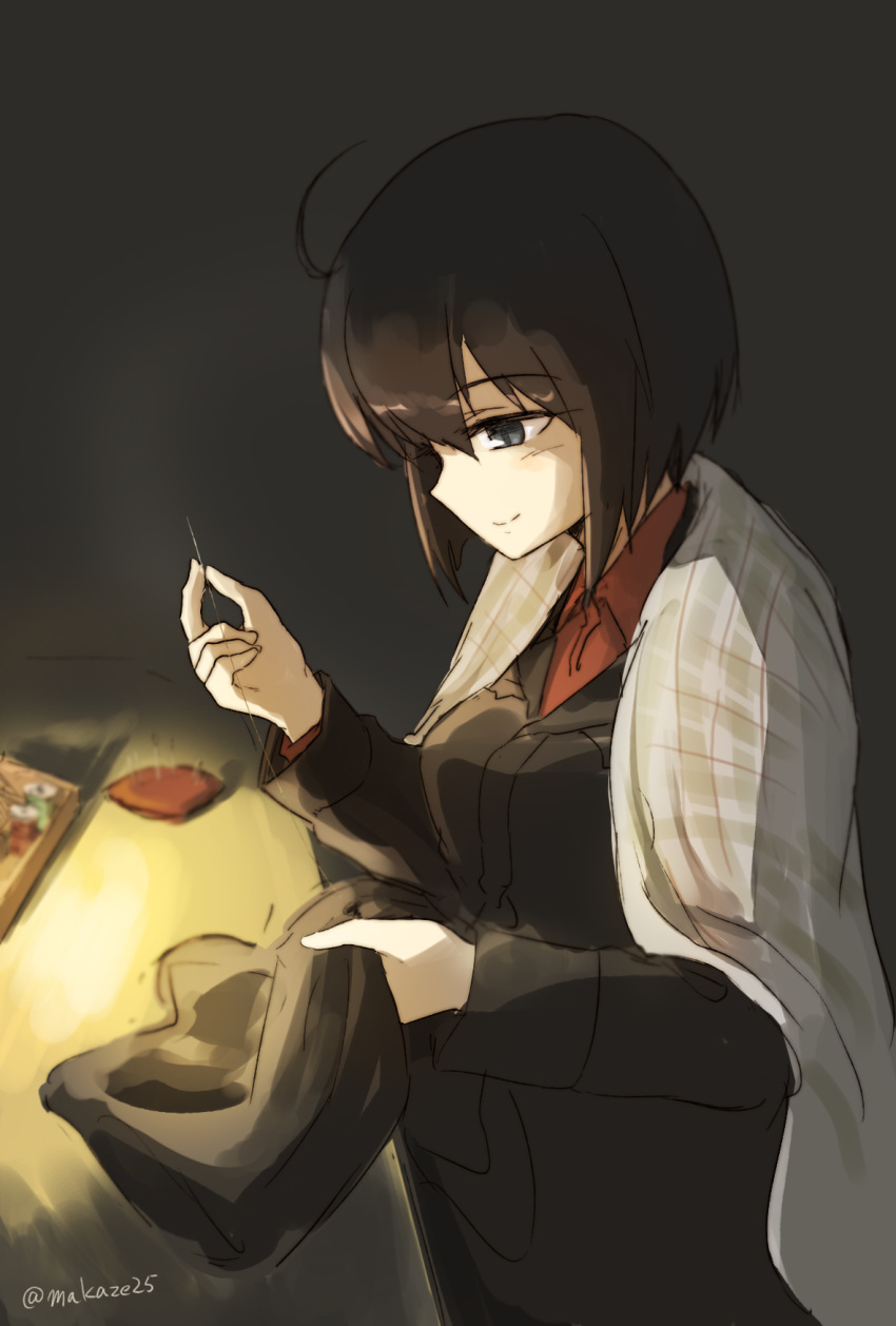 black_jacket, blanket, brown_hair, highres, jacket, luciana_mazzei, makaze_(t-junction), needle