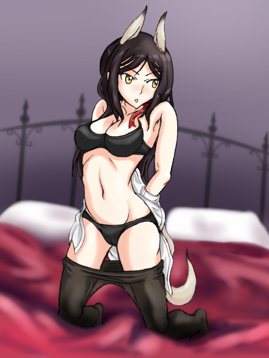 bed, bed_sheet, black_bra, black_hair, black_panties, bra, constantia_cantacuzino, endlessgr8, eyebrows_visible_through_hair, highres, long_hair, panties, pantyhose, pantyhose_pull, ribbon, underwear, undressing, world_witches_series, yellow_eyes
