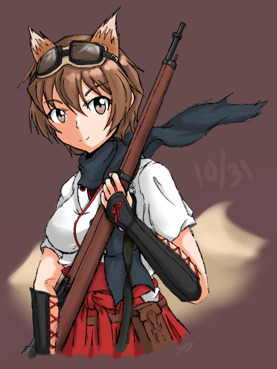 arisaka, bolt_action, brown_eyes, brown_hair, dated, endlessgr8, eyebrows_visible_through_hair, goggles