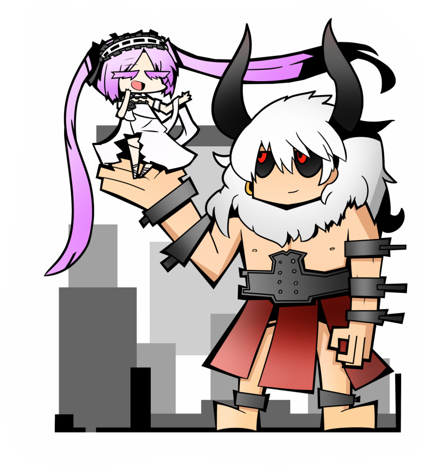 1boy, 1girl, absurdly_long_hair, asterios_(fate/grand_order), barefoot, black_sclera, closed_eyes, dress