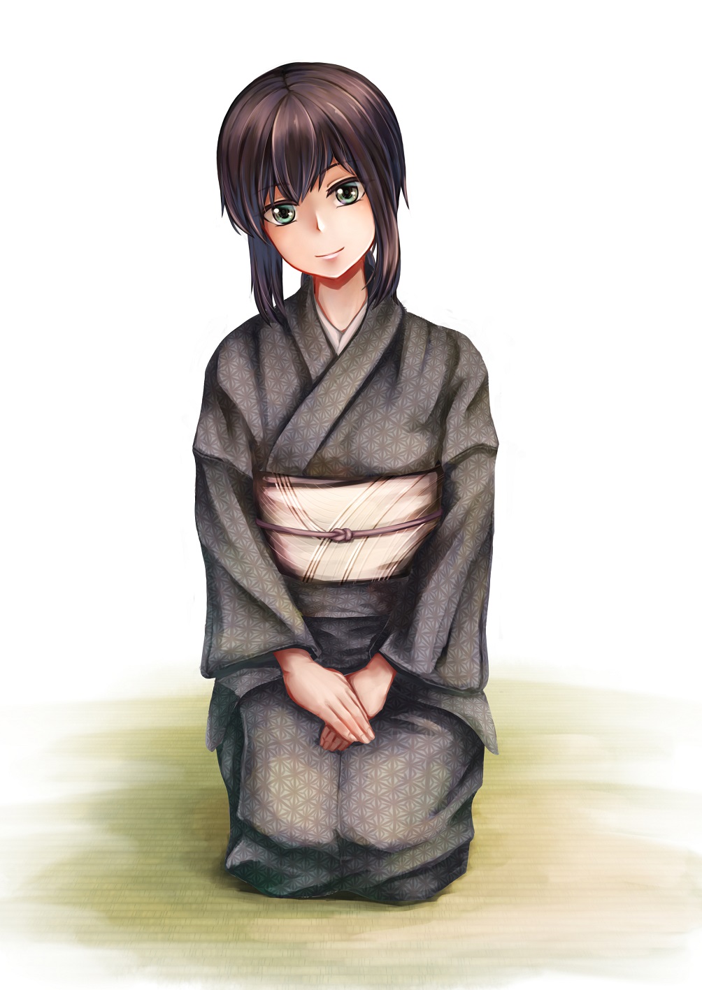 1girl, aira_(qwedcxza49), alternate_costume, asa_no_ha_(pattern), black_hair, fubuki_(kantai_collection), green_eyes, grey_kimono