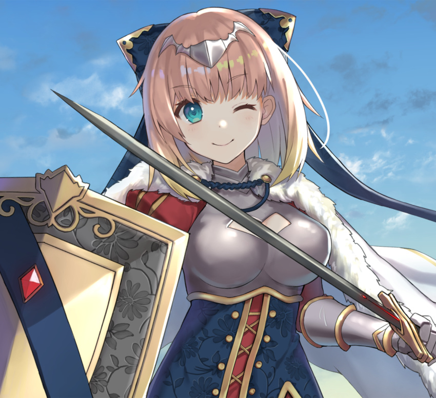 1girl, aqua_eyes, armor, blonde_hair, bow, breastplate, cape, hair_bow