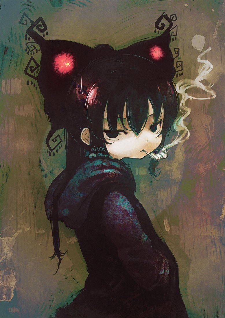 1girl, bangs, black_eyes, black_hair, bow, cigarette, cookie_(touhou), from_side