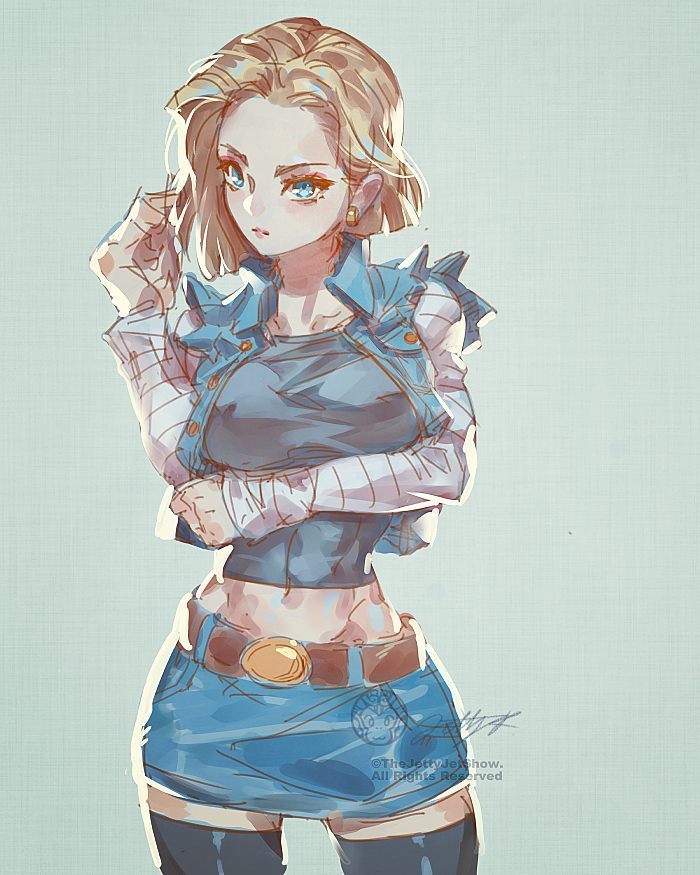 1girl, android_18, belt, belt_buckle, black_legwear, blonde_hair, blue_eyes, breasts