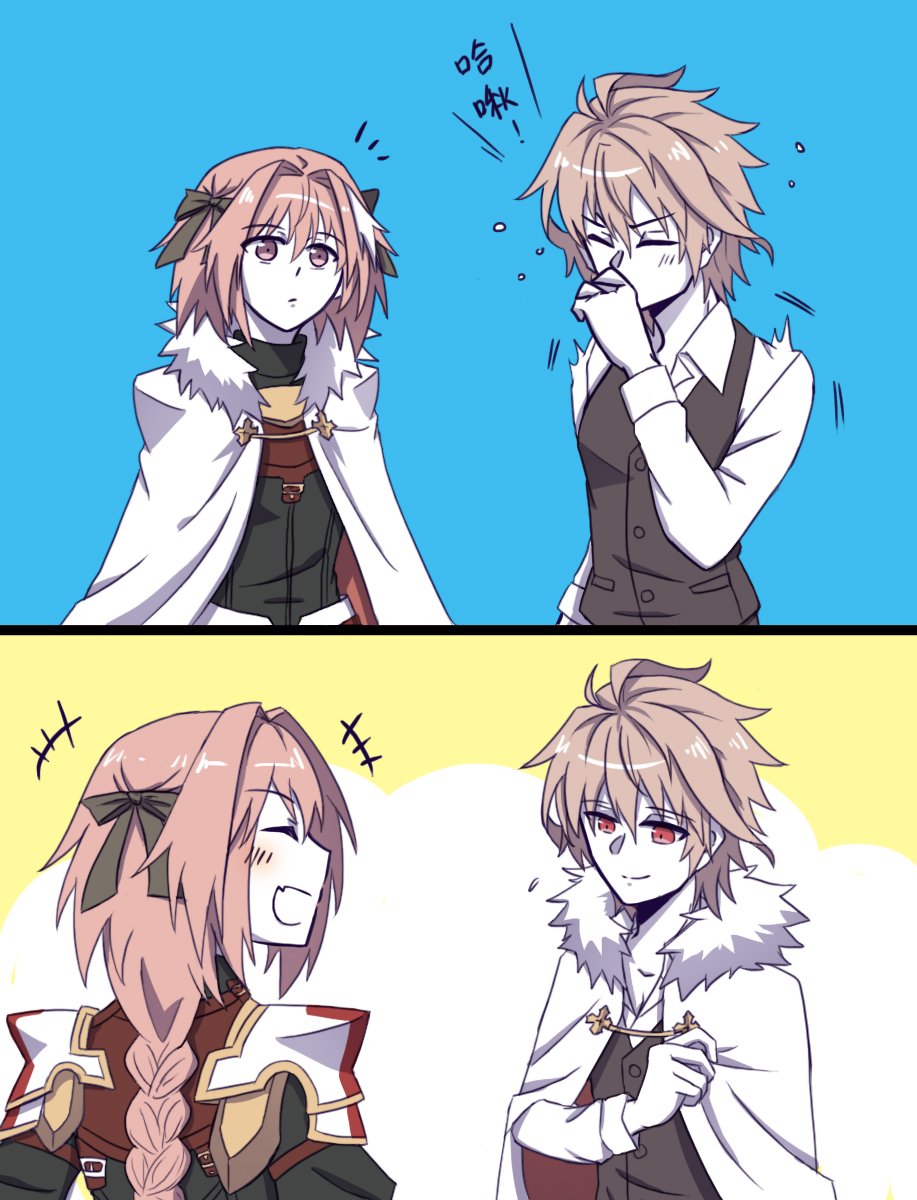 2boys, ahoge, armor, armored_dress, bangs, black_ribbon, braid, brown_hair