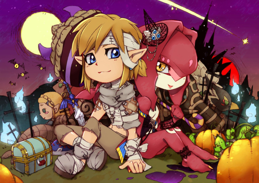 bird, blonde_hair, blush, chibi, fins, fish_girl, hair_ornament, halloween