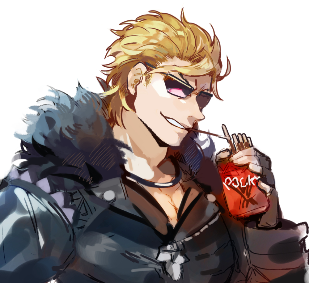 1boy, biker_clothes, bikesuit, black_gloves, black_jacket, blonde_hair, commentary, facing_viewer