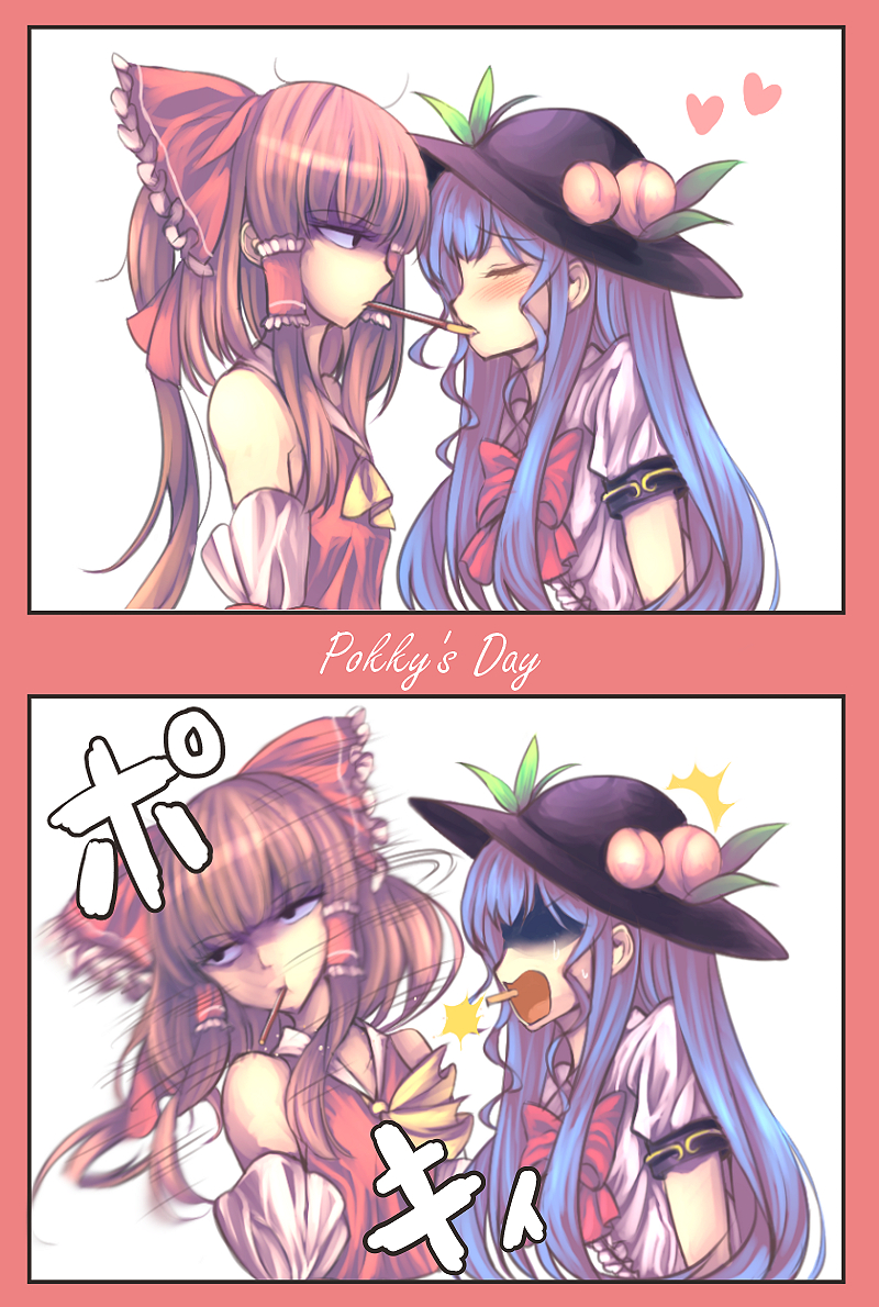 2girls, 2koma, ascot, bangs, black_hat, blue_hair, blush, bow
