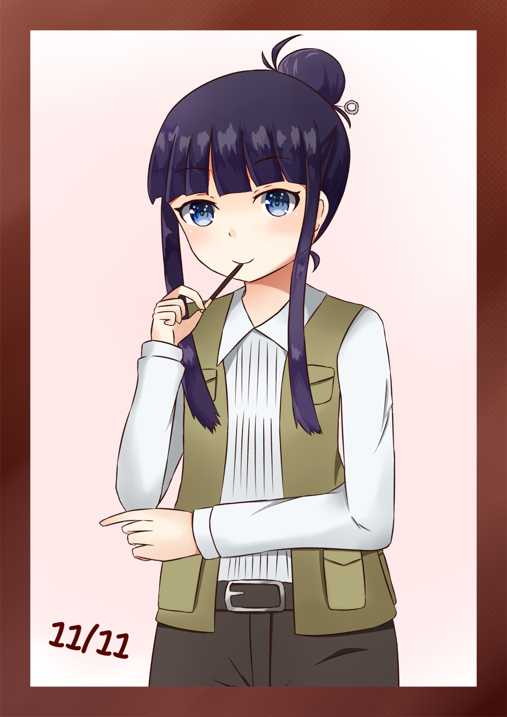 belt, blue_eyes, commentary_request, hair_bun, highres, kino_no_tabi, photo_(kino_no_tabi), pocket