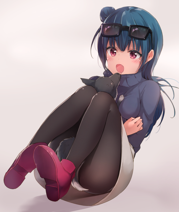 1girl, :d, animal, ankle_boots, bangs, between_legs, black-framed_eyewear, black_legwear