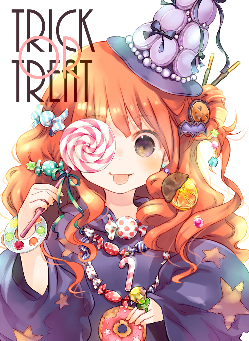 1girl, :p, bangs, bat_hair_ornament, blush, bracelet, candy, candy_hair_ornament, commentary_request, doughnut, dress, earrings, english, eyebrows_visible_through_hair, food, food_themed_hair_ornament, grey_eyes, hair_ornament, hairpin, halloween, hat, holding_lollipop, jewelry, kuga_tsukasa, lollipop, long_hair, long_sleeves, mini_hat, necklace, one_eye_covered, original, pumpkin_hair_ornament, purple_dress, redhead, ring, ring_pop, simple_background, solo, tongue, tongue_out, top_hat, trick_or_treat, upper_body, white_background