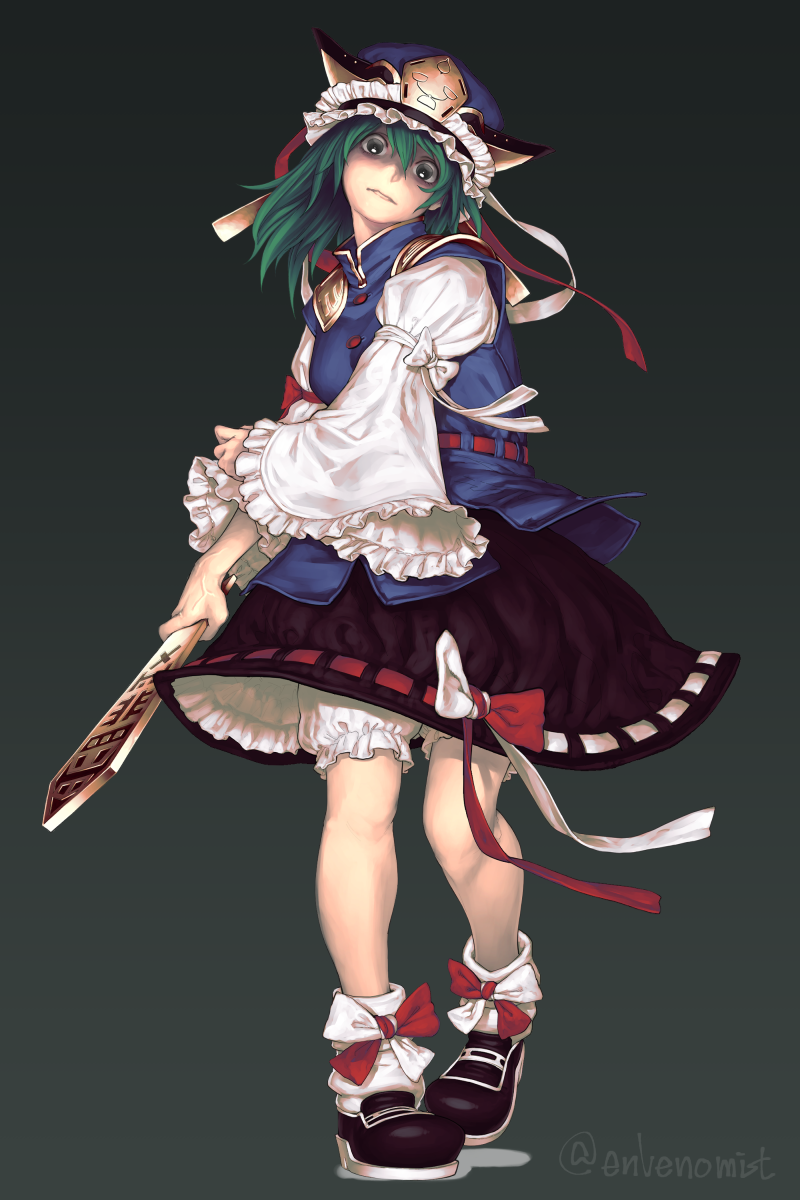 1girl, angry, black_footwear, black_skirt, bloomers, blouse, blue_blouse, blue_hat