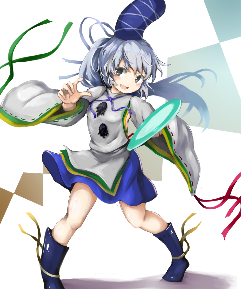 1860_(ichi), 1girl, bangs, blue_footwear, blue_hat, blue_skirt, commentary_request, green_ribbon
