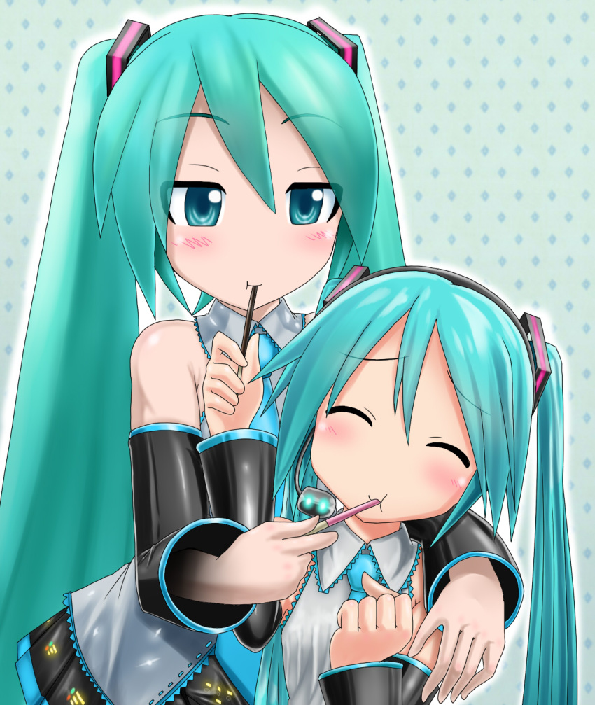 aqua_hair, blue_background, blue_eyes, blush, clenched_hand, closed_eyes, detached_sleeves, eating