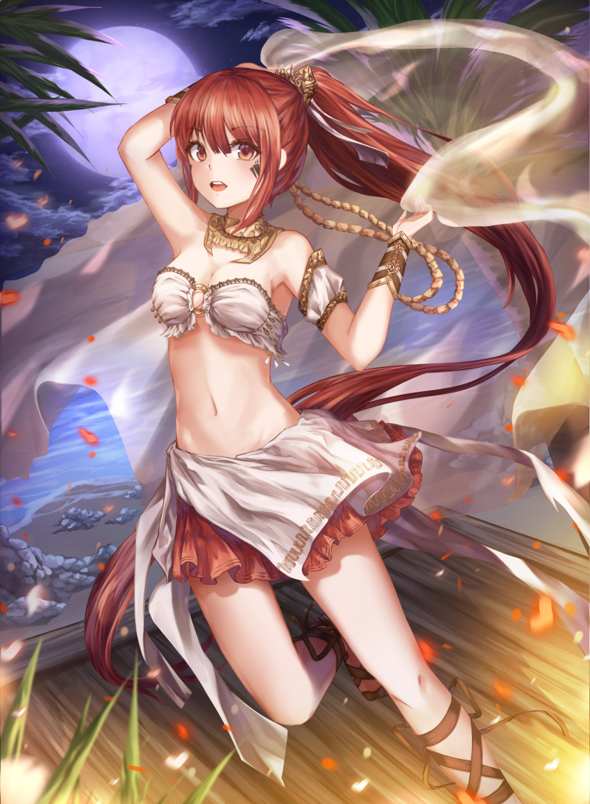 1girl, :o, absurdres, arm_up, bare_shoulders, bracer, breasts, brown_eyes, brown_hair, cleavage, dancer, full_moon, hair_ornament, highres, long_hair, looking_at_viewer, midriff, moon, nani_(goodrich), navel, night, night_sky, o-ring_top, original, ponytail, silk, skirt, sky, solo, standing, standing_on_one_leg, very_long-hair, very_long_hair, water