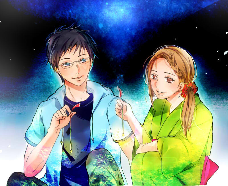 1boy, 1girl, ayase_chihaya, black_hair, blue_eyes, braid, brown_hair, chihayafuru, earrings, fireworks, glasses, hidaka_en, japanese_clothes, jewelry, kimono, long_hair, night, night_sky, outdoors, sitting, sky, smile, sparkler, sweatshirt, wataya_arata, yukata