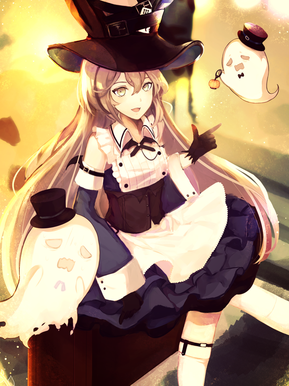 1girl, alternate_costume, apron, black_gloves, black_hat, black_ribbon, blue_dress, commentary_request