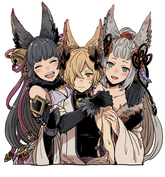 1boy, 2girls, animal_ears, backless_outfit, bell, blush, closed_eyes, elbow_gloves
