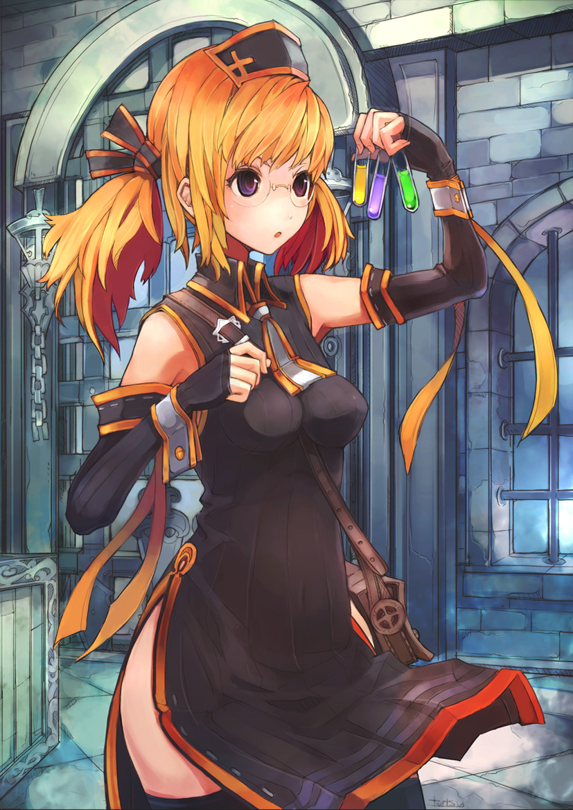 bad_id, blonde_hair, breasts, detached_sleeves, elbow_gloves, fatqueen, fingerless_gloves, glasses