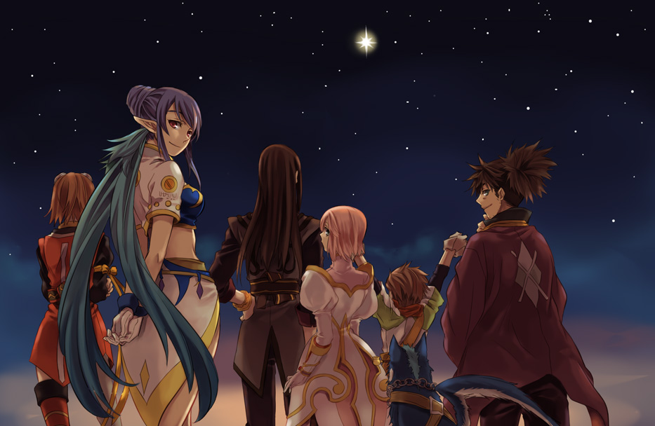 3girls, black_hair, blue_hair, brown_hair, dog, estellise_sidos_heurassein, everyone, judith