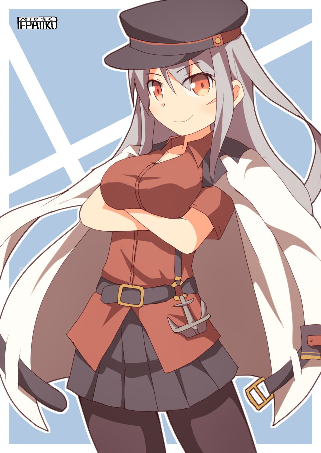 1girl, artist_name, breasts, cleavage, collarbone, cowboy_shot, crossed_arms, flat_cap, gangut_(kantai_collection), grey_hair, hat, highres, jacket_on_shoulders, kantai_collection, large_breasts, miniskirt, orange_eyes, pantyhose, pepatiku, pleated_skirt, remodel_(kantai_collection), scar_on_cheek, signature, skirt, smile, solo