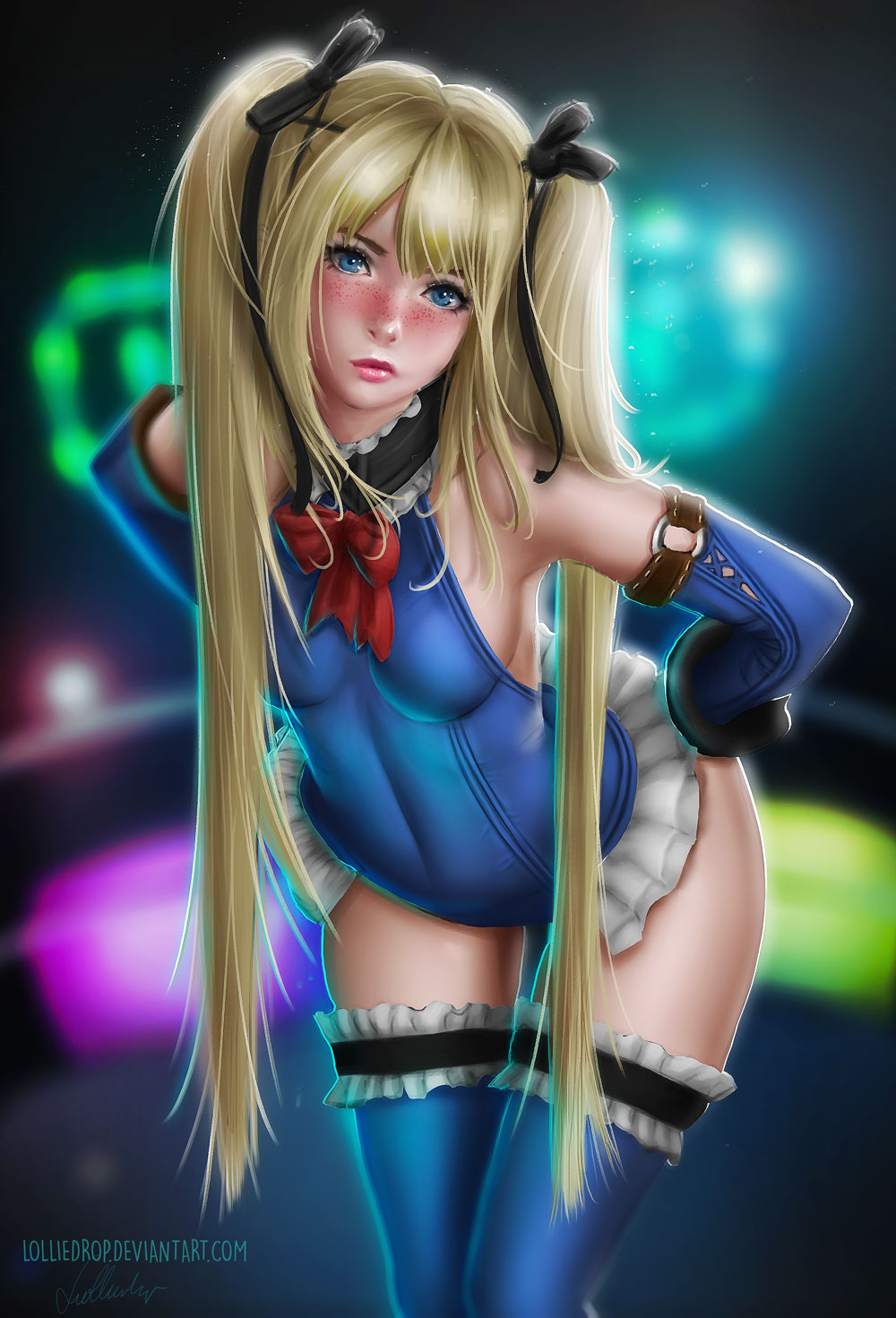 1girl, bare_shoulders, blonde_hair, blue_eyes, blush, breasts, dead_or_alive, dead_or_alive_5