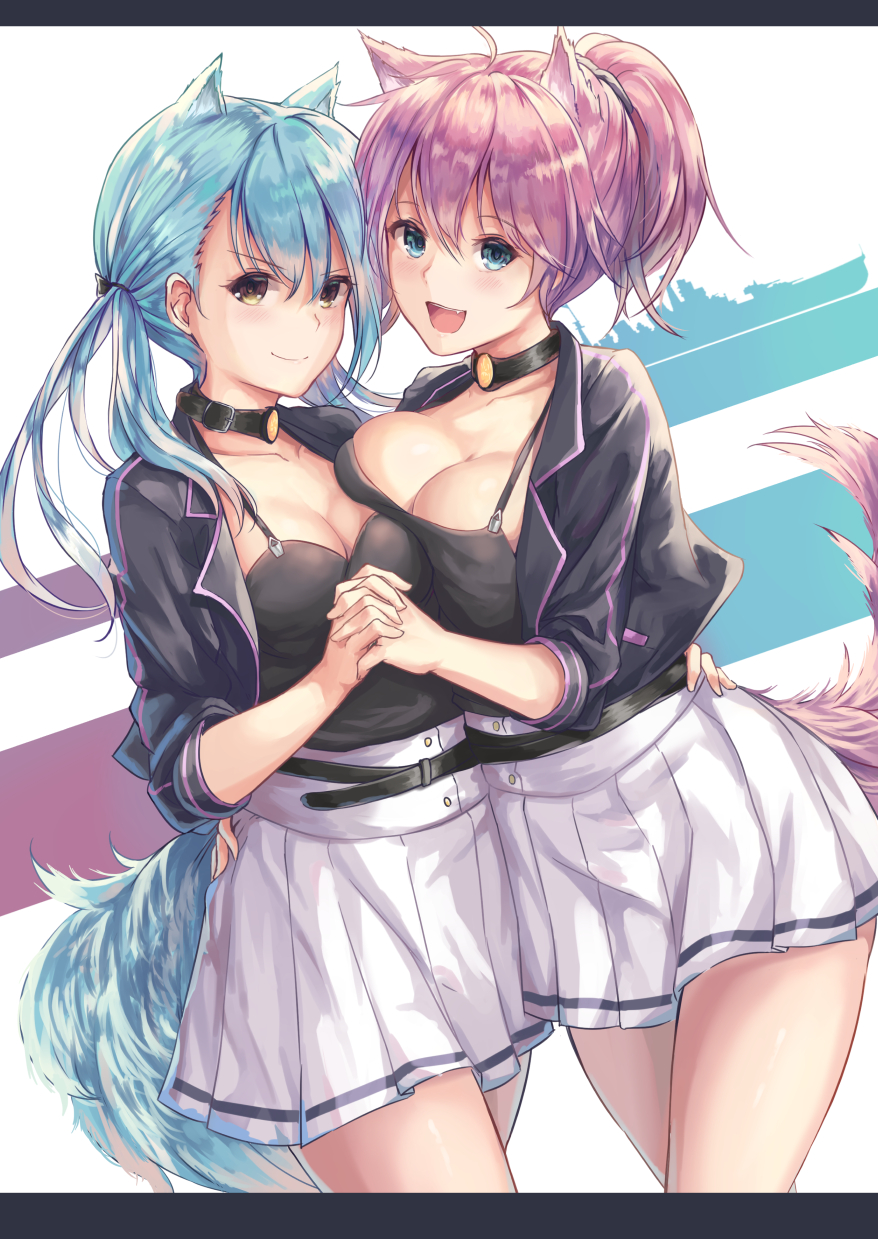 >:), 2girls, :d, alternate_costume, animal_ears, aoba_(azur_lane), aoba_(azur_lane)_(cosplay), aoba_(kantai_collection)