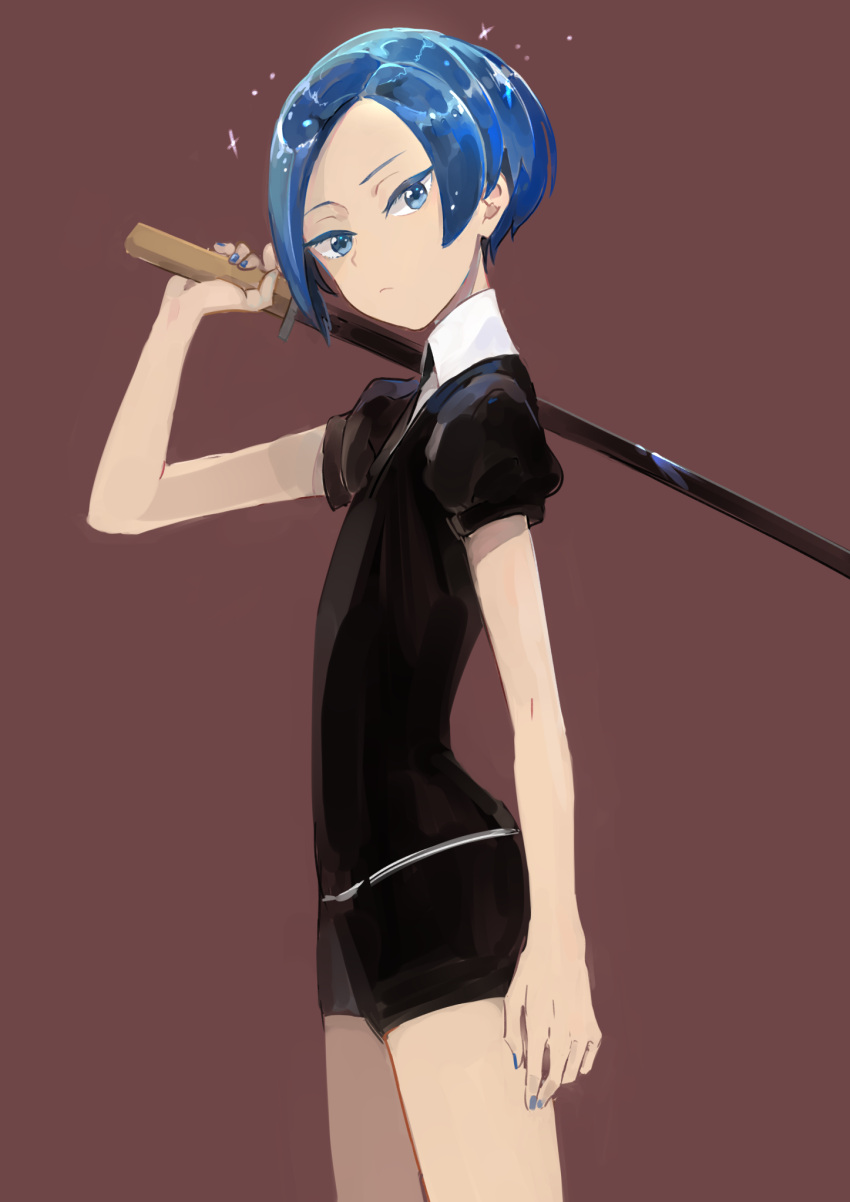 androgynous, benitoite_(houseki_no_kuni), black_shirt, black_shorts, blue_eyes, blue_hair, blue_nails, closed_mouth
