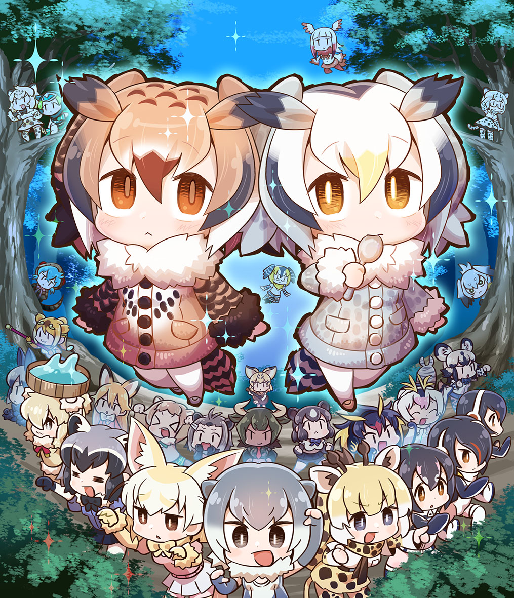 >_<, 6+girls, :<, :3, :d, =_=, african_wild_dog_(kemono_friends), african_wild_dog_ears
