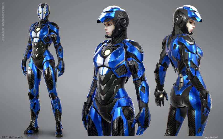 1girl, bogdan_gabelko, character_sheet, full_body, grey_background, helmet, highres, iron_man_(comics)