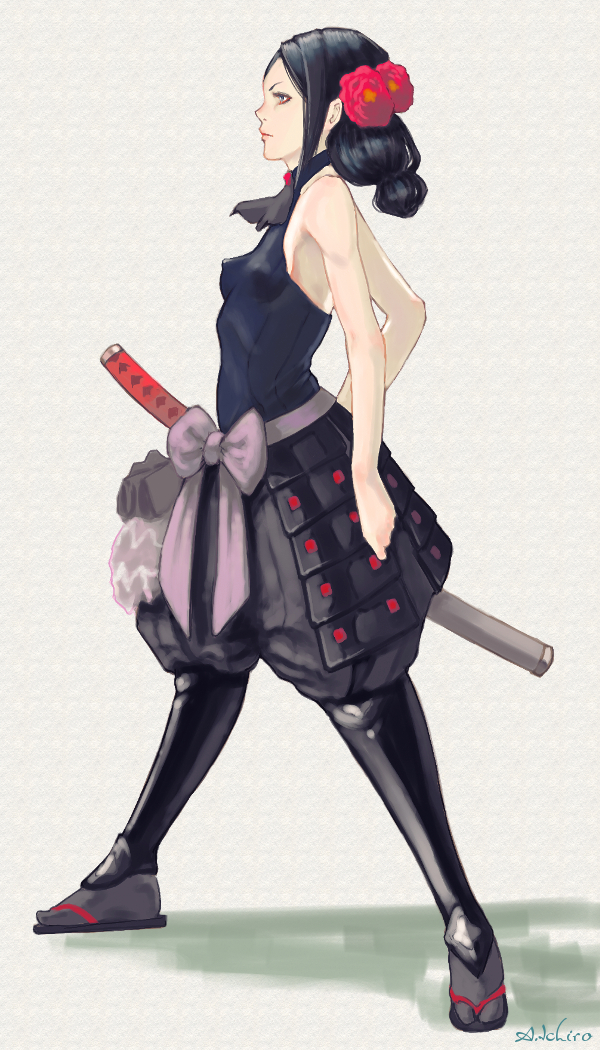 1girl, a_ichiro, armor, bare_back, bare_shoulders, black_hair, breasts, erect_nipples
